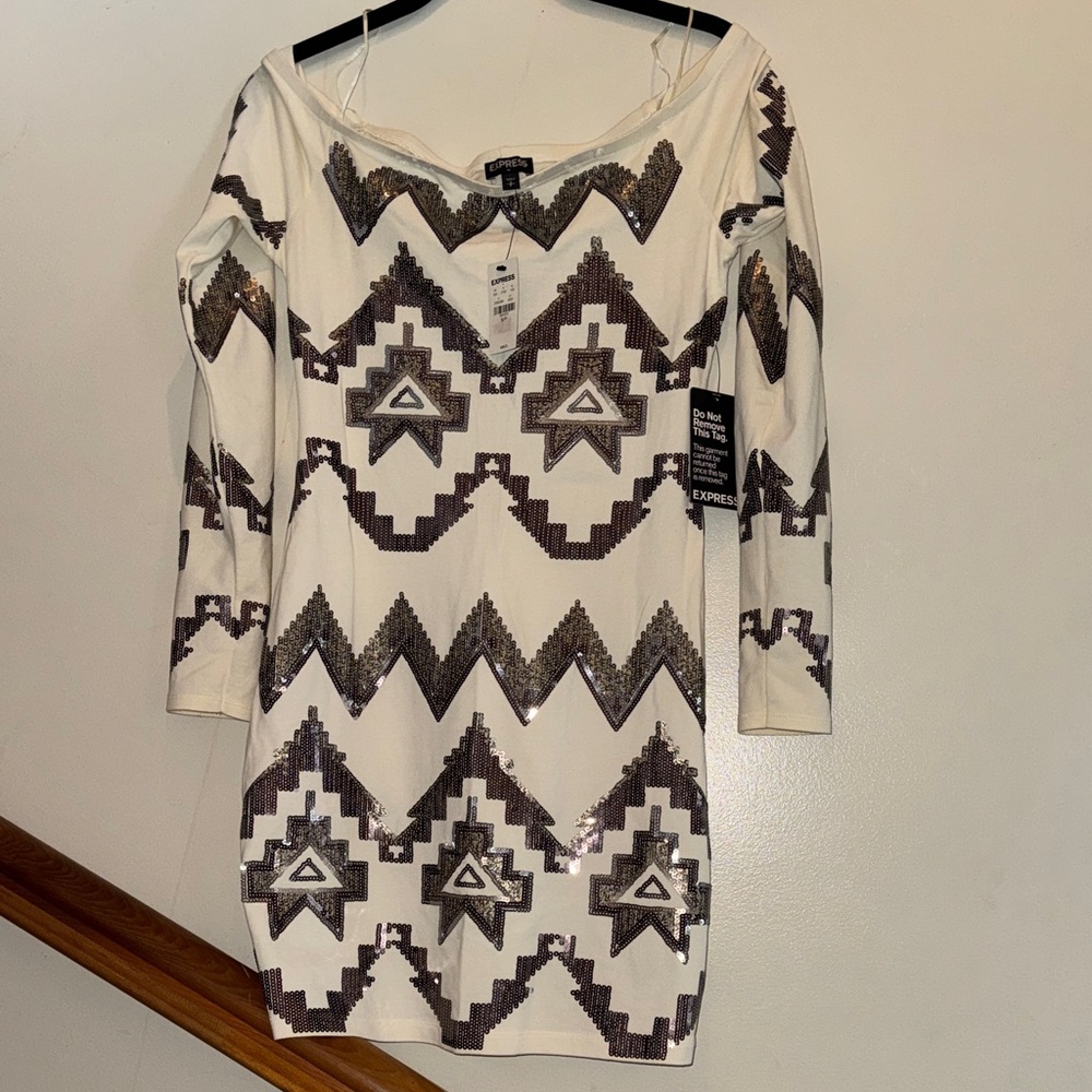 Express White Dress with Brown Sequin Patterns